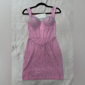Women’s Pink Embellished Mini Dress Party Clubwear Bodycon Pink Size S